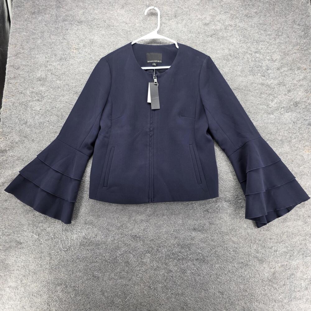 Banana Republic Blazer Womens 6 Blue Collarless Ruffle Tiered Sleeve Full Zip